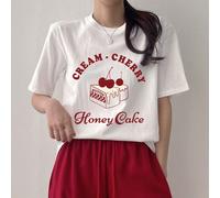 T-shirt casual à manches courtes et col rond pour femme avec imprimé cerise et lettres d'été. Hauts mignons "CREAMCHERRY Honey Cake", t-shirts graphiques L,M,S,XLCartoon,Lettres,SloganCoton