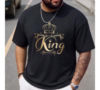 T-shirt casual à manches courtes noir grande taille pour hommes avec une impression en or proéminente "KING" et une couronne. L'or ajoute un sens d'autorité et de noblesse à l'esthétique moderne et ra