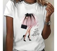 T-shirt casual ample à manches courtes, col rond, couleur unie avec imprimé de sac à main, pour femmes L,M,S,XL,XXLBlocs de couleur,Portrait,Lettres,Unicolore,SloganPolyester