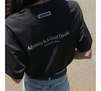 T-shirt casual ample d'été pour femme avec col rond, imprimé slogan et manches tombantes "L'adversité est un bon disciple, sans amertume pas de gloire" L,M,S,XLLettres,SloganPolyester