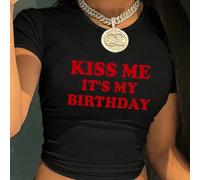 T-shirt "C'est mon anniversaire" Hauts courts pour femmes, T-shirt "J'aime mon petit ami", Mode streetwear y2k, T-shirt slogan "C'est mon anniversaire", T-shirt court L,M,S,XL,XXLLettres,Unicolore,Slo