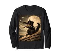 T-Shirt Chat Jouant du Violon sous Le Clair de Lune Vintage Amateur Manche Longue