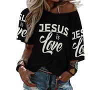 T-Shirt chrétien à Manches mi-Longues et col Droit pour Femme, Motif Jésus-Christ, idéal pour la Plage ou l'été