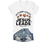 T-shirt chrétien d'automne avec feuilles de Jésus - T-shirt à manches courtes pour Thanksgiving, Blanc-V, S
