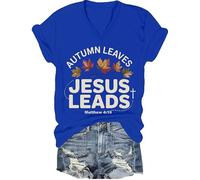 T-shirt chrétien d'automne avec feuilles de Jésus - T-shirt à manches courtes pour Thanksgiving, Bleu roi - V, L