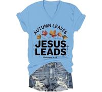 T-shirt chrétien d'automne avec feuilles de Jésus - T-shirt à manches courtes pour Thanksgiving, Carolina Blue-v, 3XL