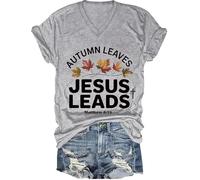 T-shirt chrétien d'automne avec feuilles de Jésus - T-shirt à manches courtes pour Thanksgiving, Gris - V, S