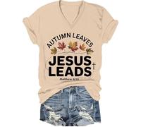T-shirt chrétien d'automne avec feuilles de Jésus - T-shirt à manches courtes pour Thanksgiving, Kaki-V, S