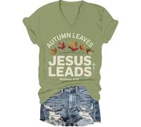 T-shirt chrétien d'automne avec feuilles de Jésus - T-shirt à manches courtes pour Thanksgiving, Vert-V, XL