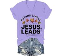 T-shirt chrétien d'automne avec feuilles de Jésus - T-shirt à manches courtes pour Thanksgiving, Violet clair-V, 3XL