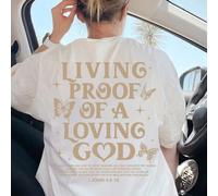 T-shirt chrétien d'été avec imprimé de verset biblique, "Preuve vivante d'un Dieu d'amour, 1 Jean 4:9-10", t-shirt ample à manches courtes et épaules tombantes, convient pour les vacances d'été et les