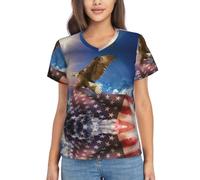 T-shirt classique à col en V pour femme avec motif drapeau américain et aigle - Doux et extensible - Manches élégantes - Pour le bureau décontracté, Noir/blanc, 3XL
