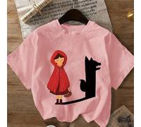 T-shirt classique pour femmes avec motif du Petit Chaperon rouge, avec son ombre remplacée par le Grand Méchant Loup de l'histoire. T-shirt décontracté à col rond et manches courtes, convenant pour le