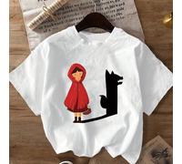 T-shirt classique pour femmes avec motif du Petit Chaperon rouge, mais son ombre est remplacée par le Grand Méchant Loup de l'histoire. T-shirt décontracté à col rond et manches courtes pour femmes, b