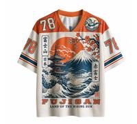 T-shirt col en V style rétro avec impression 3D paysage montagne Fuji et cerisiers en fleurs, collection été 2026, pour loisirs et fitness en extérieur TXV20919