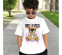 T-shirt col ras-du-cou à manches courtes, imprimé de bandes dessinées d'ours et d'un jeune garçon, en coton mélangé, idéal pour l'été 6Y,7Y,8Y,9Y,10Y,11-12Y,13-14YAnimal,Cartoon,Lettres,SloganTissu tr