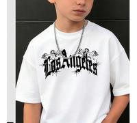 T-shirt col rond à manches courtes pour garçons, imprimé devant avec lettre gothique Los Angeles & figure d'ange, coupe ample style streetwear vintage, t-shirt basique décontracté pour enfants 6Y,8Y,9
