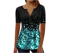 T-Shirt Col Rond et Boutons plissés à Manches Courtes Coupe Classique Femme, Hauts Imprimes Chic T-Shirt élégant Manches Courtes Tunique Casual Loose Bouton Blouse Tops T Shirt Vintage Oversize Femme