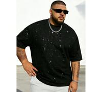 T-shirt col rond grande taille pour hommes, finition feuille, imprimé lettres brillant, détails pailletés & design transfert thermique, noir urbain vacances sport 1XL,2XL,3XL,4XL,5XLTout ImpriméTissu 