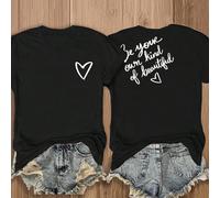 T-shirt col rond pour femmes avec imprimé cœur sur le devant et slogan "Sois toi-même, sois belle" sur le dos L,M,S,XL,XSLettresTissu tricoté