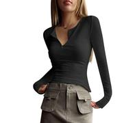 T-Shirt col V à Manches Longues pour Femmes Ample Décontracté Henley Chemisier Tunique Tops Bouton Blouses (Noir S)