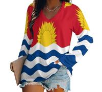 T-Shirt Col V Blouses À Manches Longues pour Femmes Imprimé Drapeau de la République de Kiribati Tunique Tops Lâche Chemisier T-Shirts Grande Taille Sweat-Shirt Tuniques Basiques Haut Automne