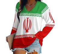 T-Shirt Col V Blouses À Manches Longues pour Femmes Imprimé Drapeau de la République islamique d'Iran Tunique Tops Lâche Chemisier T-Shirts Grande Taille Sweat-Shirt Tuniques Basiques Haut Automne