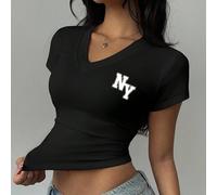 T-shirt côtelé à col V avec imprimé logo New York NY, style minimaliste décontracté, convient pour l'été, la rentrée scolaire, le style universitaire, le style "Old Money" pour le retour à l'école L,M