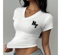 T-shirt côtelé à col V avec imprimé logo New York NY, style minimaliste décontracté, convient pour l'été, la rentrée scolaire, le style universitaire, le style "Old Money" pour le retour à l'école L,M
