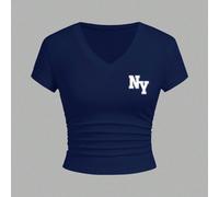 T-shirt côtelé à col V avec imprimé logo New York NY, style minimaliste décontracté, convient pour l'été, la rentrée scolaire, le style universitaire, le style "Old Money" pour le retour à l'école L,M