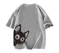 T-shirt coton col rond imprimé chat curieux dos manches courtes - Gris - XL