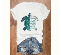 T-shirt court à col rond pour femmes avec impression de slogan de tortue L,M,S,XLLettres,SloganTissu tricoté