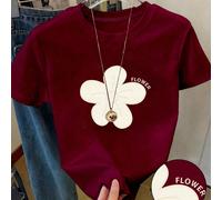 T-shirt court à imprimé floral pour adolescentes, style français rouge vin, crop top décontracté et confortable, convient pour un port quotidien 14Y,13Y,16Y,15YLettres,PlantesPolyester