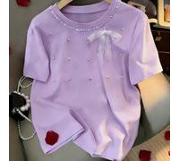 T-shirt court à manches courtes avec nœud rose et décoration de perles, style sweet Y2K. Convient pour les rendez-vous, le quotidien, les déplacements. Polyvalent, à la mode, décontracté. Top lilas, v