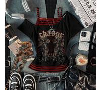 T-shirt court à manches courtes casual rétro blocs de couleurs pour femmes, style grunge vintage chic, imprimé croix, adapté au style Y2K L,M,S,XL,XS,XXL,XXS,XXXL,XXXXLLettresTissu tricoté