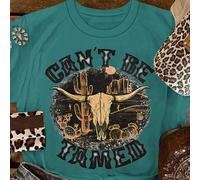 T-shirt court à manches courtes décontracté pour femmes, col rond, imprimé cowboy occidental, t-shirts graphiques "CAN'T BE TAMED" pour femmes L,M,S,XLGéométrique,graphique,Lettres,Plantes,Slogan,Moti