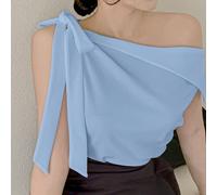 T-shirt court à manches courtes élégant et décontracté pour femmes, avec col oblique, épaules dénudées et nœud papillon. Vêtements de rentrée scolaire L,M,S,XLUnicoloreTissu tissé