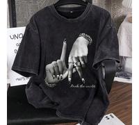 T-shirt court à manches courtes en coton lavé, grande taille, pour femmes, avec imprimé du geste "Coin du Diable", style rock, à la mode Y2K, noir 0XL,1XL,2XL,3XL,4XLPortrait,graphique,LettresTissu tr