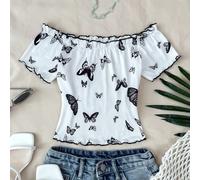 T-shirt court à manches courtes et col dégagé avec imprimé papillon blanc pour adolescentes. Coupe près du corps et mignon 14Y,13Y,16Y,15YAnimal,PapillonPolyester