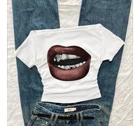 T-shirt court à manches courtes serré avec épaules dénudées, imprimé de lèvres graffiti de rue rétro décontracté pour femmes. Style polyvalent convenant au début de l'automne, vintage, académique, sex