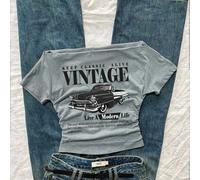 T-shirt court à manches courtes, style vintage décontracté pour femmes, avec épaules dénudées, froncé et ajusté, avec imprimé de voiture rétro et lettrage. Convient pour l'été. L,M,S,XL,XS,XXL,XXS,XXX