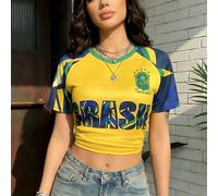 T-shirt court ajusté à col en V décontracté pour femmes, imprimé avec un motif de drapeau national sur tout le vêtement, respirant et frais, convient pour l'été et le printemps en extérieur, style spo