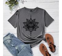 T-shirt court ajusté pour femme, col rond, manches courtes, motif graphique de lotus, en mélange de coton, style décontracté L,M,S,XL,XS,XXL,XXSFloral,GéométriqueTissu tricoté