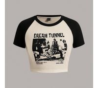 T-shirt court avec manches raglan à bloc de couleurs, papillon et monogramme TUNNEL DE RÊVE CHAQUE JOUR EST UN TRÉSOR TOUJOURS DE BONNE HUMEUR L,M,S,XL,XS,XXL,XXS,XXXL,XXXXLSlogan,PapillonTissu tricot