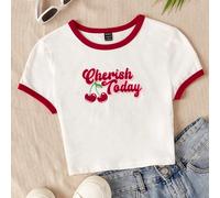 T-Shirt Court Cerise & À Lettres À Liseré Contrastant L,M,S,XL,XS,XXL,XXSLettres,Fruits & légumesTissu tricoté