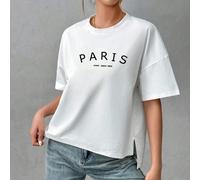 T-shirt court devant long derrière minimaliste en coton 95% doux avec imprimé Paris - Top décontracté chic pour sorties, voyages, vacances, plage, fête, anniversaire, festival de musique, tenue de mai