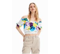 T-shirt court froncé fleurs femme Desigual M. Christian Lacroix - blanc/vert/jaune - 2XL XL