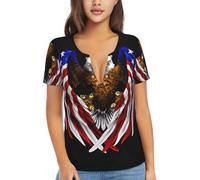 T-shirt court imprimé avec motif aigle patriotique drapeau des États-Unis, col en V, vêtements de voyage, vêtements de fitness portables, vêtements de fitness pour la maison et l'extérieur, noir