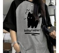 T-shirt court manches raglan femme à col rond, motif imprimé mignon de chat Y2K, couleur contrastée L,M,S,XL,XS,XXLAnimal,Cartoon,Blocs de couleur,LettresPolyester