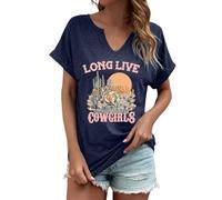 T-shirt cowgirl western pour femme - T-shirt amusant et confortable - Manches courtes - Col en V - Imprimé graphique - Imprimé léopard - Haut pour rodéo, Style #v05 bleu marine, XL